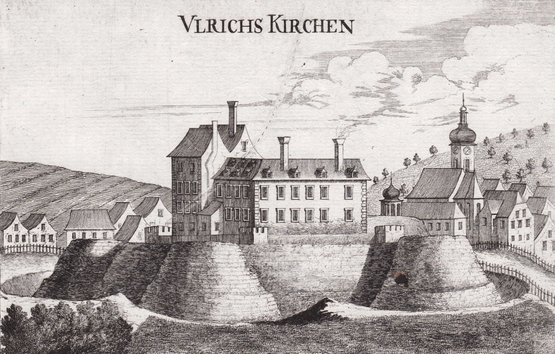 Historische Darstellung von Schloss und Meierhof
